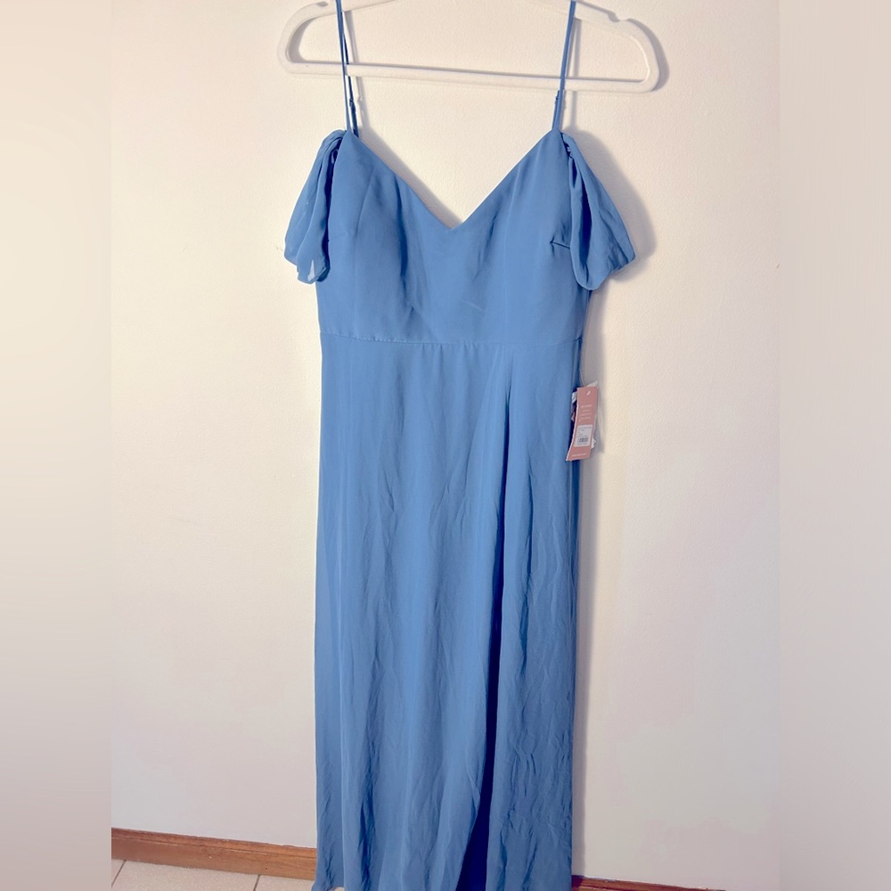 Birds Gray Maxi Gown in Twilight Blue Off the Shoulder